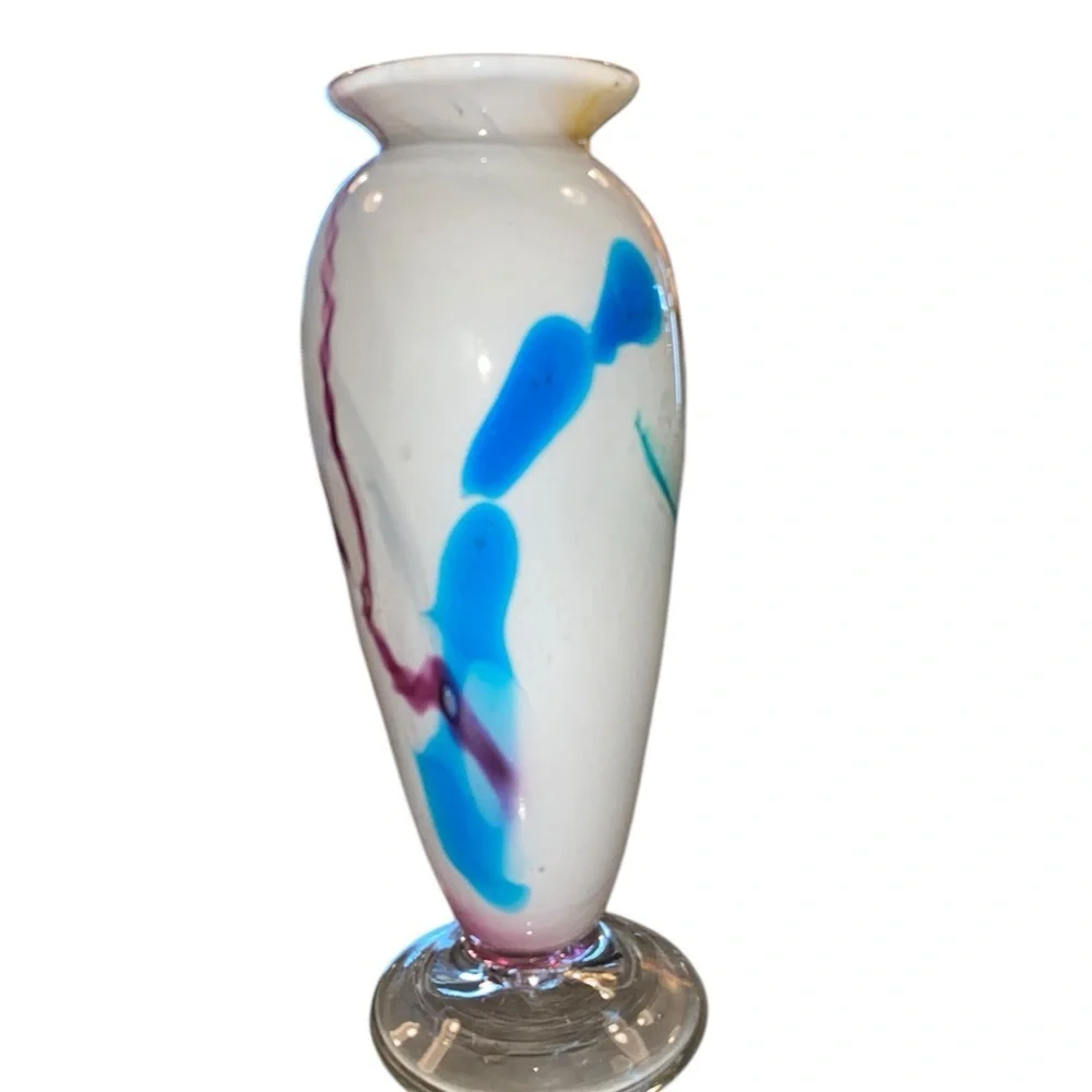 Blown Glass Art Vase Gorgeous white pink blue yellow brown signed great gift